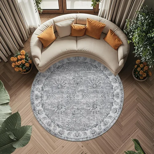 Miniatura 174 de Jinchan Fiora - Alfombra redonda de 8 pies, alfombras vintage con diseño floral envejecido, lavable a máquina, antideslizante, de pelo bajo, Azul