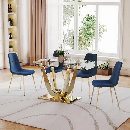 Miniatura 3 de Mesa de comedor de vidrio de 70 pulgadas para 4-8 personas, parte superior de vidrio templado y base de acero inoxidable en U dorada, escritorio