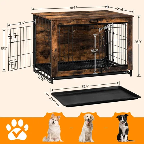 Miniatura 3 de HOOBRO Mueble de jaula para perros, perrera grande de 38.6 pulgadas para interiores, jaula de madera con bandeja extraíble, mesa auxiliar de casa