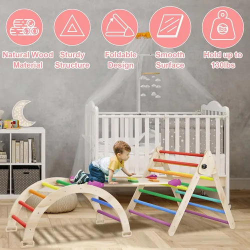 Miniatura 5 de Juego de Triángulo Pikler 5 en 1, Parque Infantil Interior y Gimnasio para Niños, Juego de Escalada Montessori de Madera Plegable Conjunto