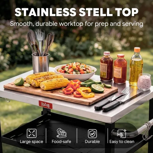 Miniatura 10 de Feasto Mesa de parrilla de 3 estantes, soporte para horno de pizza con estante, carrito de parrilla para horno de pizza móvil, parrilla