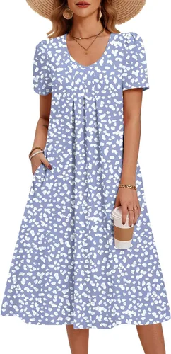 Miniatura 21 de Zeagoo Vestido de verano para mujer, casual, floral, midi, con bolsillos, cuello en V, plisado, manga corta, estilo alineado, para vacaciones