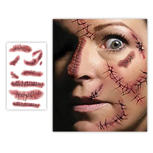 Miniatura 2 de Tatuajes de maquillaje realistas de Halloween, puntadas falsas, tatuajes para heridas faciales, tatuajes para niños, mujeres, hombres, niñas, Rojo