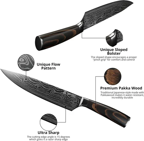 Miniatura 3 de Juego de cuchillos Yatoshi - Juego profesional de cuchillos de cocina ultraafilados de acero inoxidable de alto carbono con mango ergonómico.