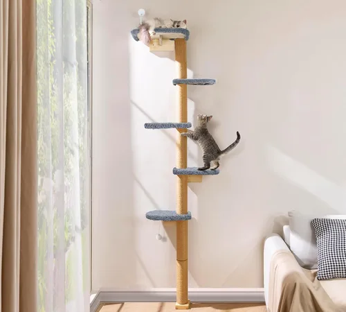 Estantes de pared para gatos para gatitos, árbol para gatos de piso a techo de 83 pulgadas con almohadillas de felpa grises, árbol de escalada