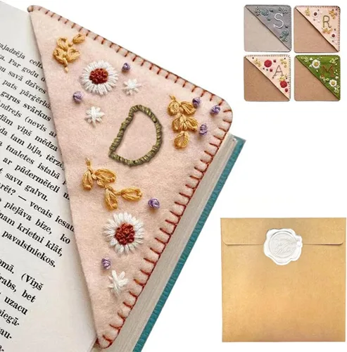 Miniatura 21 de Marcapáginas de esquina bordado a mano personalizado, 26 letras con costura a mano de fieltro, marcapáginas de esquina con bordado de flores lindo