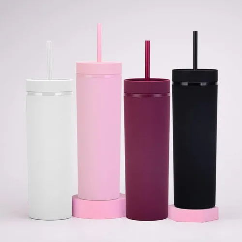 Miniatura 5 de Vasos negros mate con tapas y popotes. Vasos delgados de 16 onzas a granel. Vasos acrílicos de plástico de doble pared pastel para batidos de café
