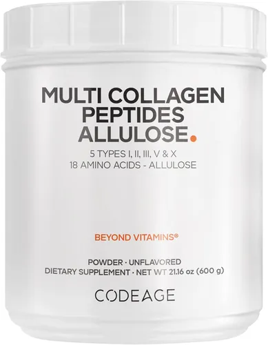 Codeage Péptidos de colágeno múltiple en polvo + alulosa, 5 tipos, colágeno alimentado con pasto, suplemento de alulosa de azúcar rara, edulcorante