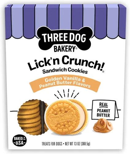 Three Dog Bakery Lick'n Crunch! Galletas de sandwich para perros de Golden y mantequilla de maní - Golosinas para perros crujientes con sabor a