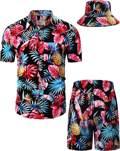 Miniatura 31 de TUNEVUSE Conjunto de camisas y pantalones cortos hawaianos para hombre, 2 piezas, trajes de playa con estampado de flores, traje tropical de verano
