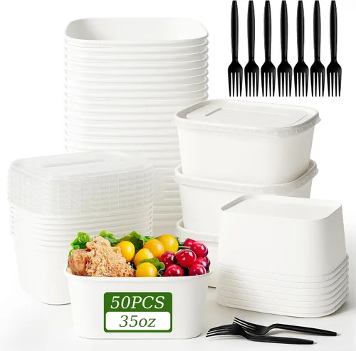 Miniatura 15 de Paquete de 50 cuencos desechables de papel kraft de 19 onzas con tapas y tenedores, recipientes desechables para preparación de comidas, cuencos