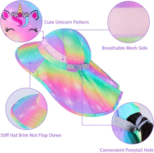 Miniatura 4 de Sombrero de sol para niños, protección UV, unicornio, verano, playa, jugar con ala ancha, solapa para el cuello para niñas y niños
