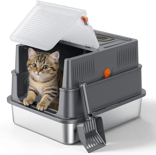 Miniatura 11 de FURTIME Caja de arena de acero inoxidable con tapa, caja de arena cerrada extragrande para gatos grandes, caja de metal para gatos con caja de alta