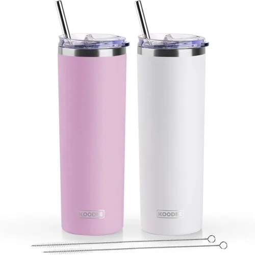 Miniatura 21 de Koodee - Vaso delgado de acero inoxidable de 20 onzas (4 unidades) aislado con doble pared, vaso de agua con 4 tapas, 4 popotes y 2 cepillos