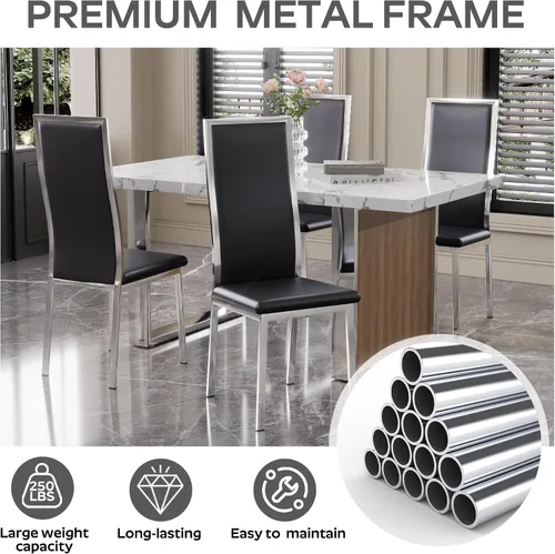 Miniatura 3 de Juego de 6 sillas modernas de comedor - Piel sintética negra con patas de metal cromado plateado, diseño de respaldo alto curvo y acolchado tipo