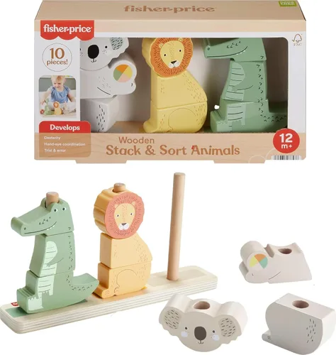 Fisher-Price Juguete de madera para bebés, apilar y clasificar animales, 10 piezas de madera para juegos de desarrollo para bebés y niños pequeños a