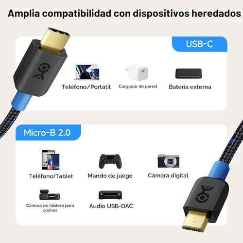 Miniatura 4 de Cable Matters Cable trenzado USB C a micro USB – 3.3 pies, [carga de 3A/15 W, datos de 480 Mbps] cable microUSB a USBC, cable Micro-B 2.0