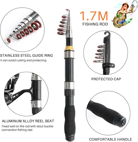 Miniatura 3 de Carrete telescópico de caña de pescar, carrete giratorio de caña de pescar ultraligero con bolsa de aparejos todo en uno, accesorios de pesca