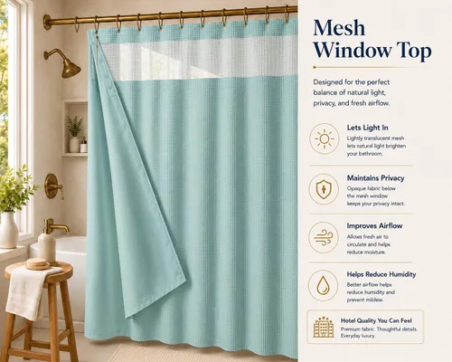 Miniatura 6 de Juego de cortina de ducha de tejido gofre con forro – Cortina de baño moderna con ventana superior de malla – Diseño de tela de alta calidad