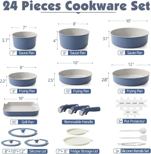 Miniatura 2 de SENSARTE Juego de 24 piezas de ollas y sartenes de cerámica, antiadherentes con mango desmontable, utensilios de cocina de inducción con mango Azul