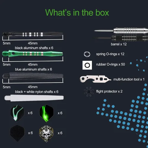 Miniatura 7 de Set de 12 dardos de punta metálica de 22/24 gramos, dardos de punta de acero para tablero de dardos con ejes de aluminio premium, 50 juntas tóricas