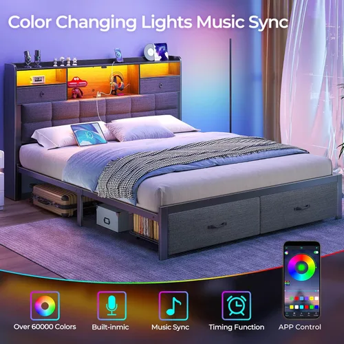 Miniatura 6 de Rolanstar Armazón de cama tamaño completo con cajones y estación de carga, cama de plataforma tapizada con cabecera de almacenamiento y luz LED