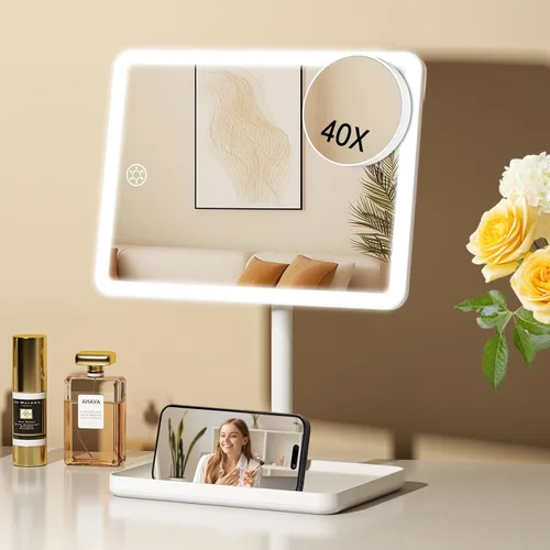 Miniatura 13 de FUNTOUCH Espejo de tocador de maquillaje recargable con luces, espejo de escritorio grande iluminado con 96 luces LED y aumento de 10x, iluminación