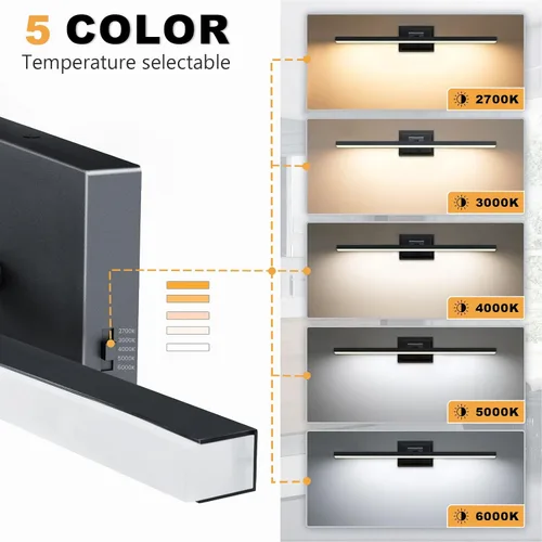 Miniatura 6 de IZORRO Moderna lámpara de tocador de baño de 16 pulgadas, giratoria, 12 W, regulable, lámpara LED sobre el espejo, barra de luz negra para tocador