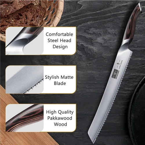 Miniatura 4 de HOSHANHO Cuchillo de pan de 10 pulgadas, cuchillos de pan dentados japoneses de acero inoxidable de alto carbono, cuchillo profesional para cortar