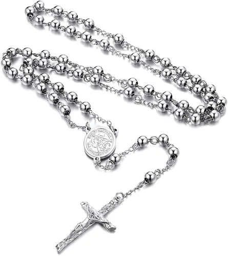 FaithHeart Christian Rosary Bead Cross Necklace for Women Men, Stainless Steel Praying Rosary Y Necklace Jewelry, Gift Box