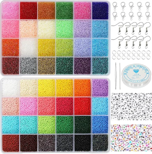 Kit de 48000 piezas de cuentas de semillas de 0.079 pulgadas y cuentas del alfabeto, 12/0 suministros de fabricación de joyas ultrafinos, incluye