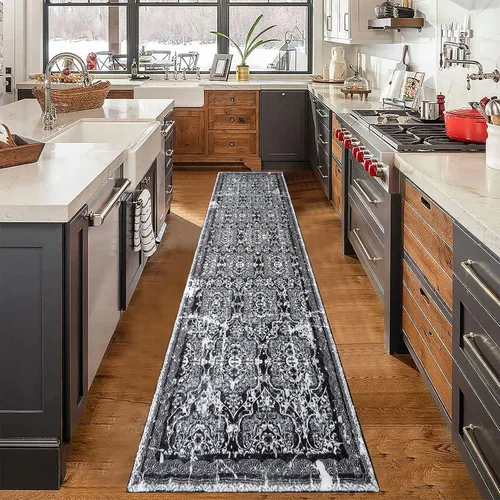 Miniatura 7 de Vaukki Alfombra de pasillo para pasillo, alfombra de lavandería vintage suave, alfombra antideslizante para entrada, alfombra lavable de estilo Negro