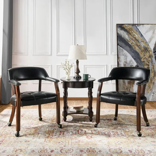 Miniatura 32 de Juego de 8 sillas de cuero de comedor con ruedas y brazos, silla de capitán Accent con ruedas, sillas de madera con ruedas enrollables para cocina