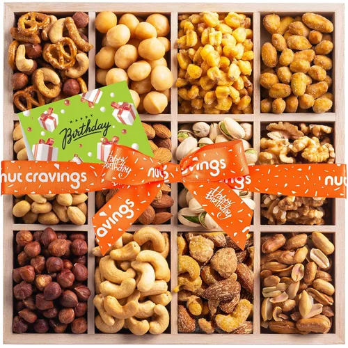 Miniatura 12 de NUT CRAVINGS - Cesta de regalo de nueces mixtas en bandeja de madera de diamante reutilizable + cinta verde (12 surtidos) golosinas para adultos