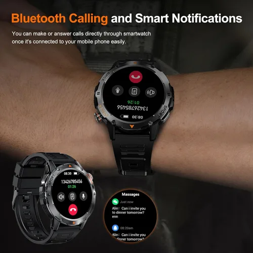 Miniatura 3 de Reloj inteligente militar para hombre, (responder/hacer llamadas), reloj inteligente de fitness con linterna compatible con Android y iPhone, Negro