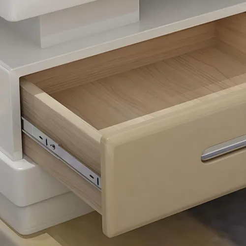 Miniatura 4 de RUNNUP Mesa de centro rectangular moderna de vidrio con base de madera blanca y almacenamiento de 2 niveles, mesa central de sofá para sala de Beige