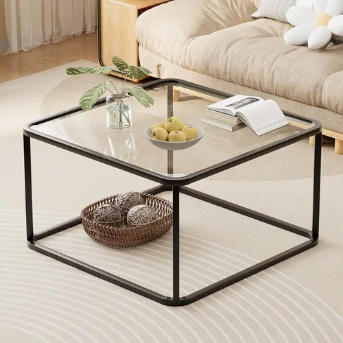 Mesa de café de vidrio, mesas cuadradas minimalistas para sala de estar, mesa central moderna para oficina o espacio pequeño, vidrio templado, marco
