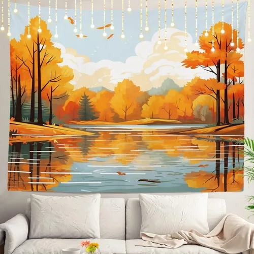 Shrahala Tapiz de pared con paisaje de lago de otoño, bosque amarillo, para colgar en la pared, tapiz grande, decoración de fibra de poliéster,
