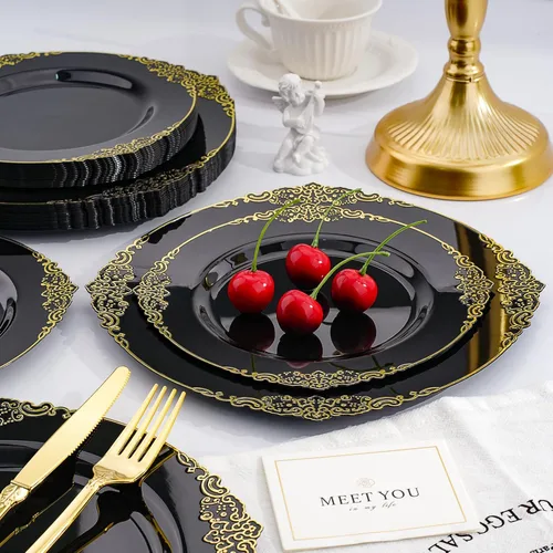 Miniatura 5 de Realluck 350 piezas platos de plástico negro y dorado, juego de vajilla de plástico para 50 invitados, 100 platos desechables, 150 cubiertos, 50