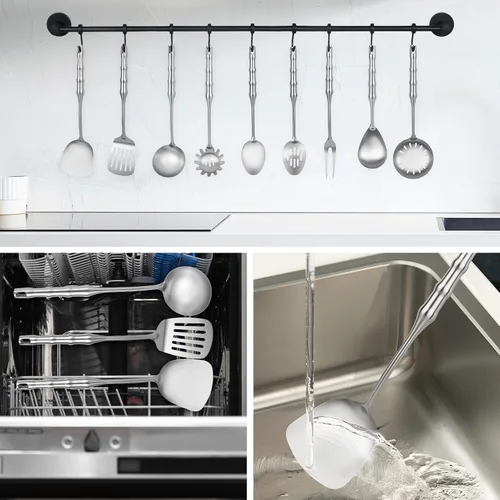 Miniatura 6 de Juego de utensilios de cocina de acero inoxidable de 18 y 10 piezas, 9 piezas de utensilios de cocina de metal de 14 pulgadas de largo, resistentes