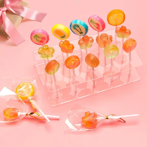 Miniatura 5 de Kit de 304 moldes de silicona para piruletas, moldes de caramelo rosa con 15 agujeros, soporte acrílico, palitos de 100P, bolsas, corbatas