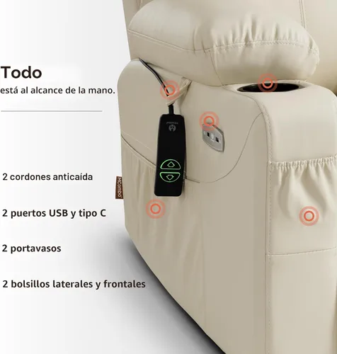 Miniatura 9 de MCombo Power Lift - Sillón elevador reclinable para adultos mayores, con calefacción y masaje, certificación FSC, puertos USB, portavasos, piel