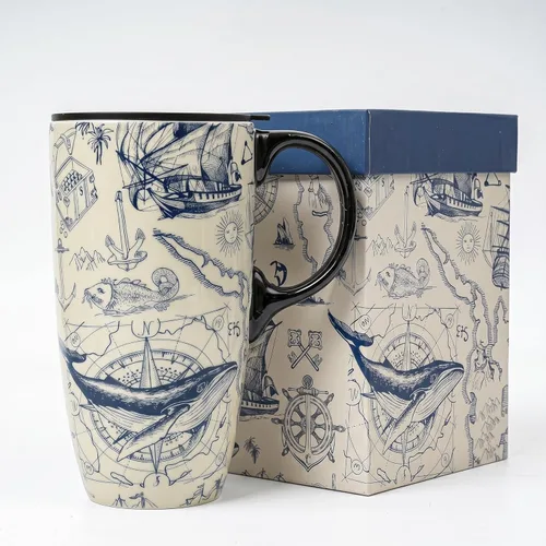 Taza de cerámica Topadorn de porcelana para café con leche y té con caja de regalo, 17oz. Taza de viaje con tapa, estilo de navegación vintage Azul