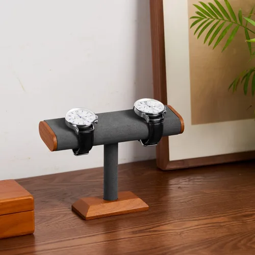 Miniatura 8 de Oirlv Soporte de exhibición de reloj en T de madera maciza soporte organizador de joyas para reloj pulsera encimera mesa de joyería gris