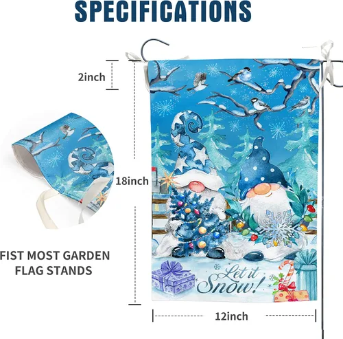Miniatura 4 de Bandera de jardín de copos de nieve de gnomo azul de doble cara, Let it Snow Invierno decorativo para casa, patio, bandera pequeña al aire libre