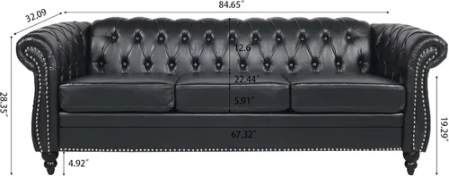 Miniatura 2 de Sofá Chesterfield moderno de tres plazas, sofá de piel sintética con brazos enrollados, cómodos sofás para sala de estar, oficina, sala de recepción
