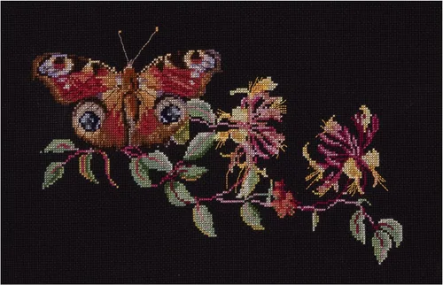 Thea Gouverneur - Kit de punto de cruz, mariposa, madreselva - Aida Black - 18 unidades - Kit de bordado para adultos - Hilos de bordado DMC y otros