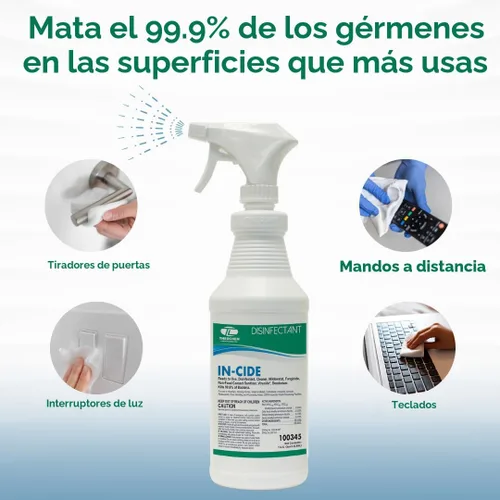 Miniatura 3 de In-Cide - Spray desinfectante de grado hospitalario – Limpiador registrado por la EPA que mata el 99.9% de MRSA, H1N1 – Clínica de oficina en casa