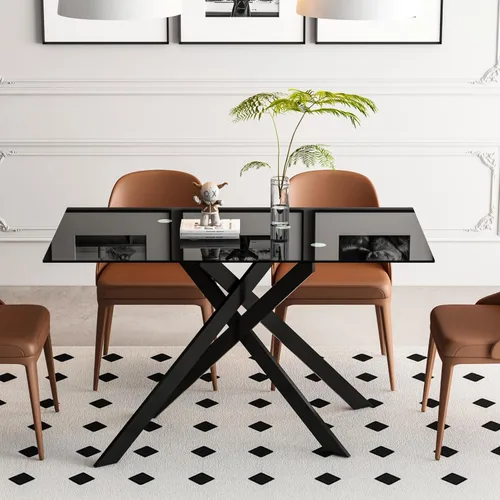 Miniatura 9 de Mesa de comedor de vidrio negro de 51.2 pulgadas para 4, mesa rectangular de comedor de cocina para 4, mesa rectangular de vidrio templado de 0.32