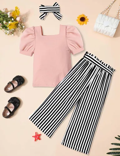 Miniatura 34 de DONWEN Conjunto de 3 piezas de ropa para niñas pequeñas y niñas con cuello cuadrado + pantalones elegantes + diadema para primavera y verano